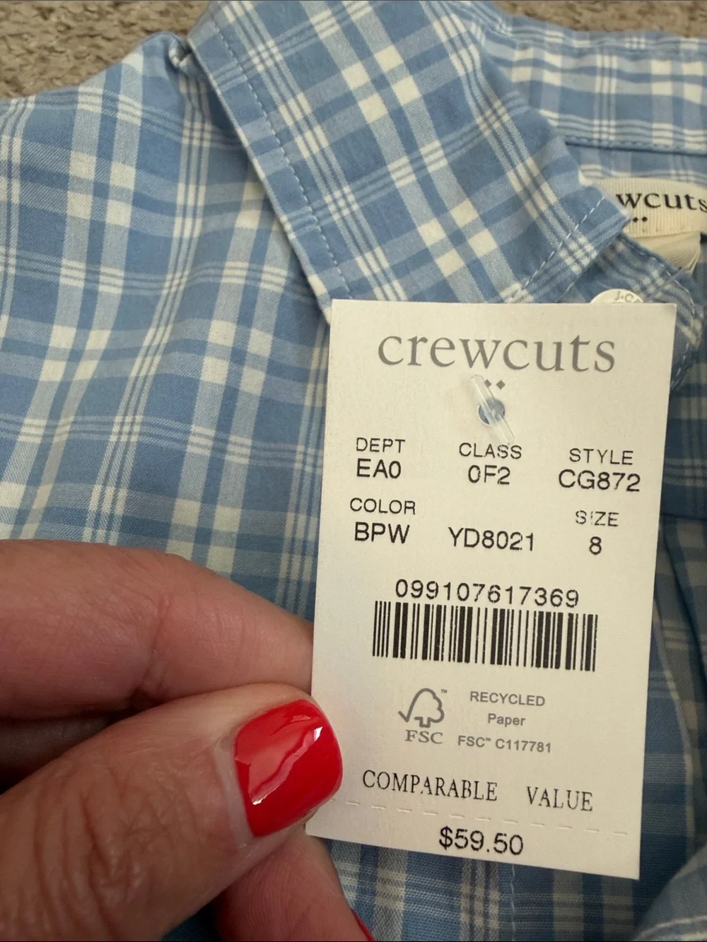 NWT J. Crew crew cuts, button-down plaid shirt, 8